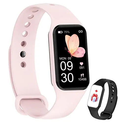 IOWODO Montre Connectée Femme Homme, Smartwatch, Montre de Sport, Étanche,Oxymètre Podomètre,Cardiofrequencemètre, Calories,Fitness pour Android iOS avec 2 Bracelets (Rose)