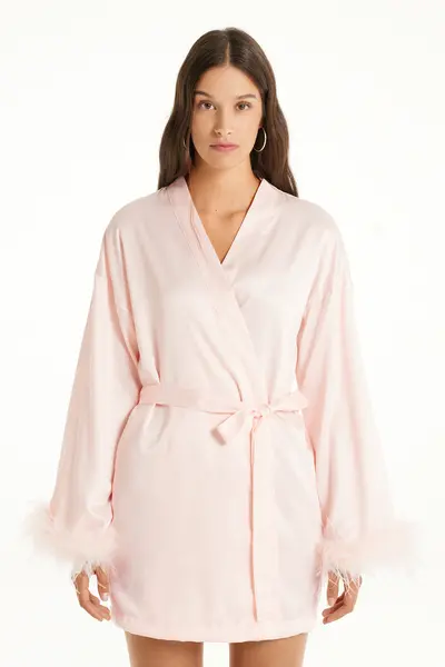 Robe de Chambre Manches Longues Satin avec Plumes Édition Limitée - Tezenis