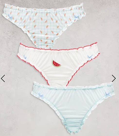 ASOS DESIGN - Lot de 3 strings en tulle froncé - Pastèque/carreaux vichy bleu et rouge