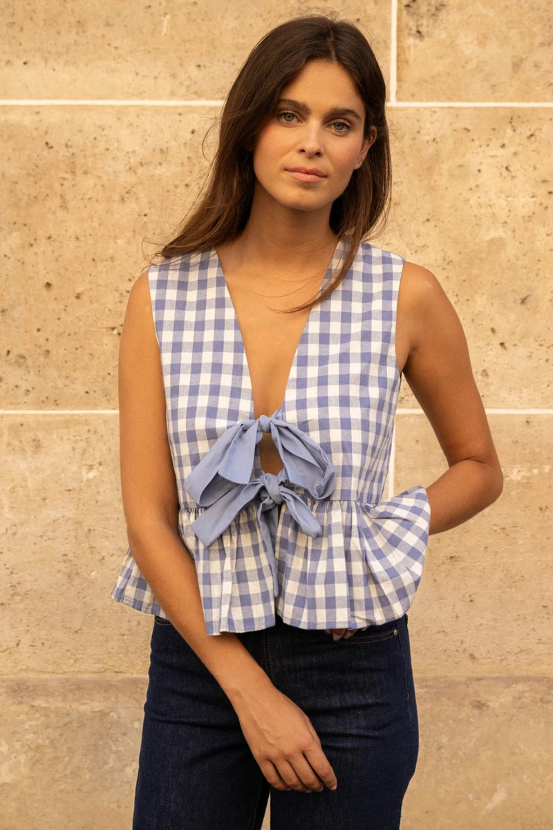 Top Sans Manches Carreaux Vichy Retro Ete Femme - Bleu - Boutique Libertie