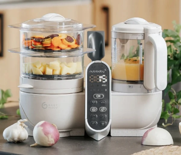 Babymoov Nutribaby(+) Beige + Lot 6 pots ISY BOWLS - Pots de Conservation en Verre Borosilicate Ultra Résistant - 250 ml - Robot Multifonctions pour Bébé 6 en 1 - Cuiseur vapeur - Mixeur