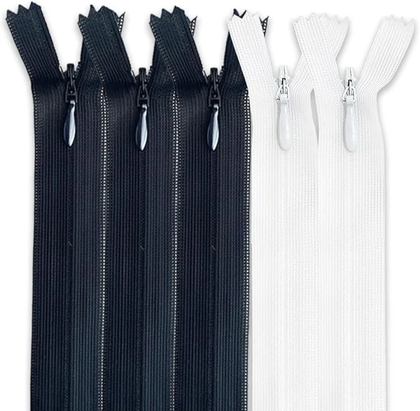 [Pack 5] Fermetures Éclair à Glissière Invisibles [Blanc et Noir] Nylon [50 cm] Couture de Vêtements Sacs Ruban Tissu en Coton Cuir Plastique pour Machine à Coudre Zip avec Fermoir en Métal