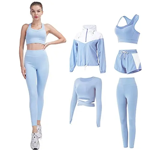 FRECINQ 5 Pieces Femme Survêtement de Fitness Yoga Ensemble Tenue de Sport Jogging Gym Pilates Sportwear Zumba Tennis Vêtements