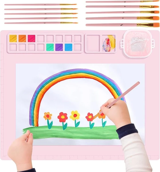 TNOMSNO Tapis Peinture Silicone, Tapis de Peinture en Silicone, Plateau Peinture Enfant Silicone, avec Tasse Pliable et Porte-Pinceaux pour Projets de Bricolage, Aquarelle, Argile - 51 x 41 cm