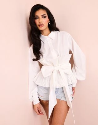 ASOS LUXE - Chemise en popeline de coton avec basque plissée à la taille - Blanc