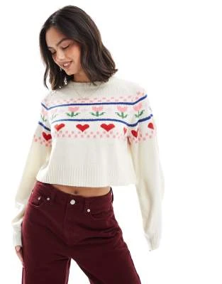 Wednesday's Girl - Pull à motif jacquard avec cœurs et fleurs intarsia - Crème multicolore