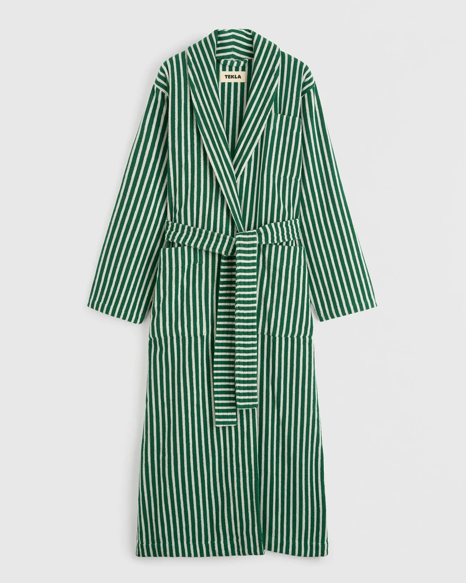 Tekla Fabrics Classic Bathrobe - Striped - Teal Green Stripes