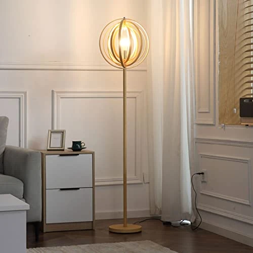 MutuTec Lampadaire en Bois - Lampadaire Salon, Lampadaire Bois Massif avec 3 Températures de Couleur, Lampe sur Pied de pour Chambre et Salon - Sphère Armillaire