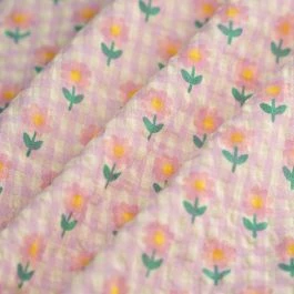 Tissu popeline coton polyester carreaux vichy fleur rose