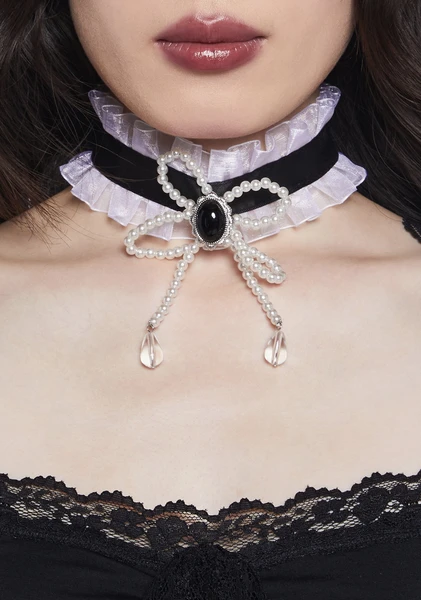 Goth Girly Lace Pearl Bow Choker - Black/White