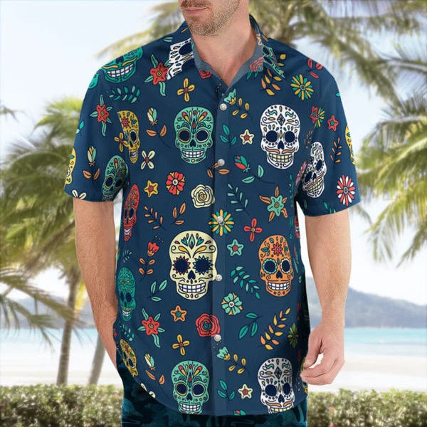 Navy Suger Skull Pattern Button Up Hawaiian Shirt
