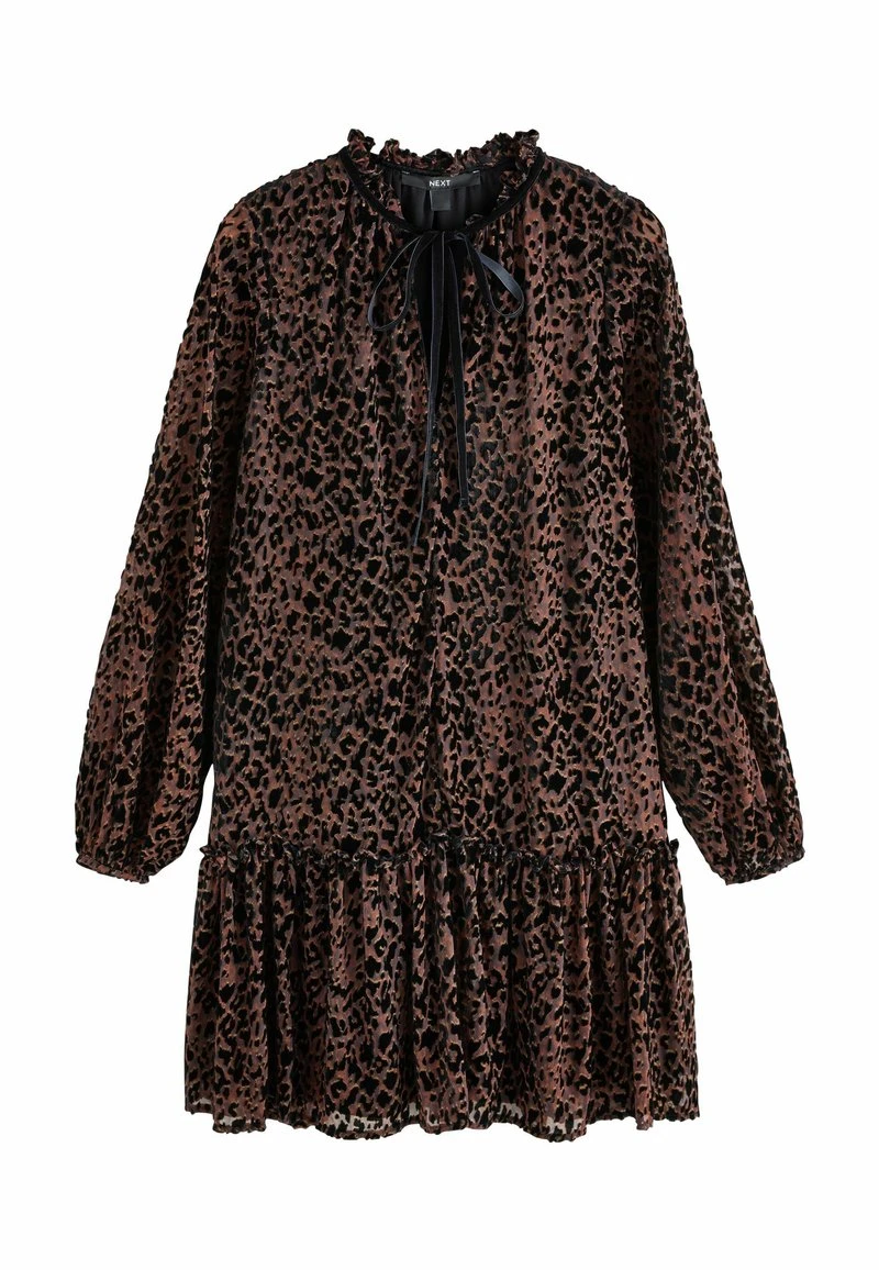 Next REGULAR FIT - TIE FRONT TIERED LONG SLEEVE MINI - Robe de jour - animal leopard print/marron - ZALANDO.FR