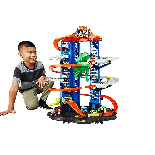Hot Wheels Ultimate Garage City Vs Robo Beasts avec Piste De Course À Plusieurs Niveaux, Dinosaure T-Rex Mobile De 91 Cm, Comprend 2 Voitures, Jouet pour Enfant de 5 Ans et Plus, GJL14