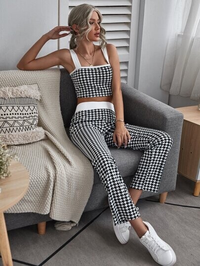 Ensemble top à fines brides à pieds-de-poule et pantalon