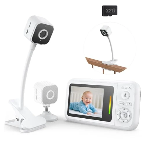 Babyphone Camera avec Clip et Support pour Lit, 1080P Camera Bebe Surveillance sans WiFi, Vision Nocturne, Audio Bidirectionnel, Détection des Pleurs, Carte 32G, Facile à Installer, Cadeau Naissance