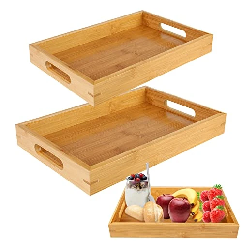Plateau de Service en Bambou avec Poignées: 2pcs Plateau de Service en Bois Rectangulaire, Plateau en Bambou Rectangulaire, Plateau Repas en Bambou, Plateau Bois pour Café, Thé, Petit Déjeuner