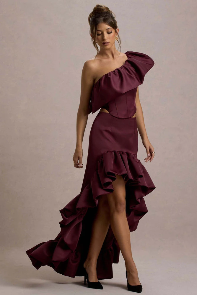 Ruby | Jupe longue asymétrique en satin merlot