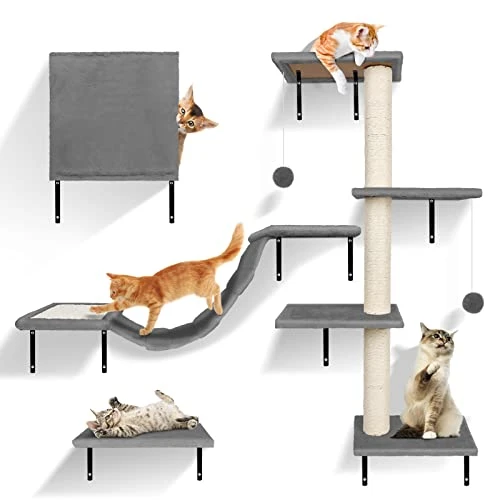 Zvonema Mur d'escalade - 10 pièces - Hamac suspendu avec sisal antidérapant - Colonnes à gratter avec sisal - Reste et étagère murale de jeu avec boule de trace - Mur d'escalade pour chats jusqu'à 10