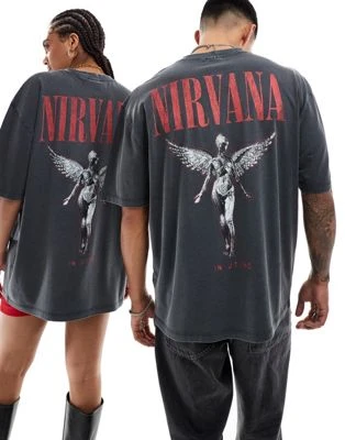 ASOS DESIGN - T-shirt unisexe oversize avec imprimés Nirvana et ange sous licence - Noir délavé