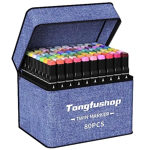 Tongfushop 80+2 Couleurs Feutre Alcool, Marqueurs à Croquis Double Pointe, Feutres Coloriage Adulte avec Pochette de Bleu Transport et Espaceur, Marqueur Permanent pour Animation Art Esquisse