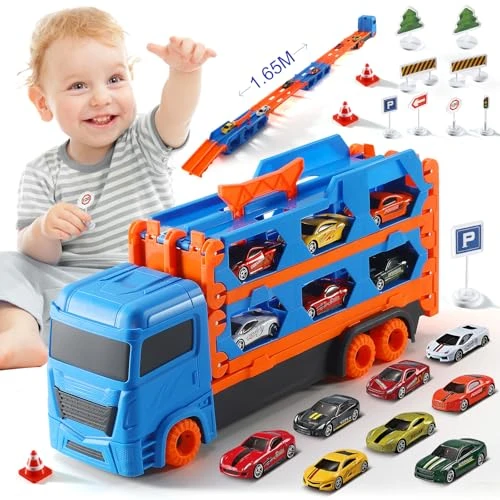 Camion de Transporteur avec Piste de Course Éjectable et 8 Mini Voitures - Jouet Portable, pour Enfants de 3 4 5 6 Ans