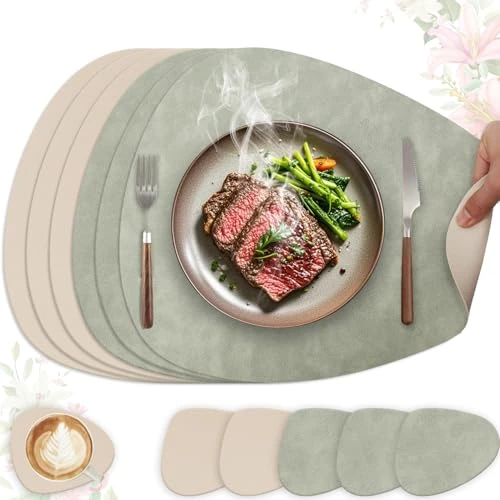 HELI MIAO Set de Table Lavable et Antidérapant, Lot de 6 Sets de Table en Cuir PU Double Face, Décoration de Cuisine et Cadeau Ovale 41x33cm(Vert Clair + Beige)