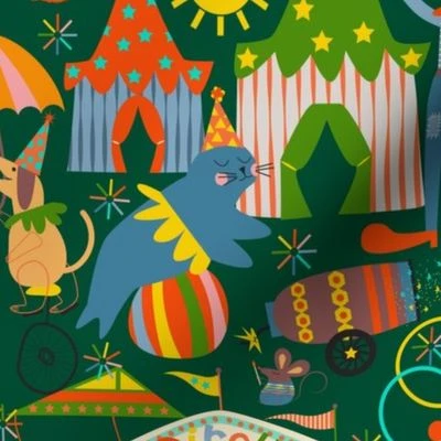 Circus Animals / Dark Green Fabric | Spoonflower