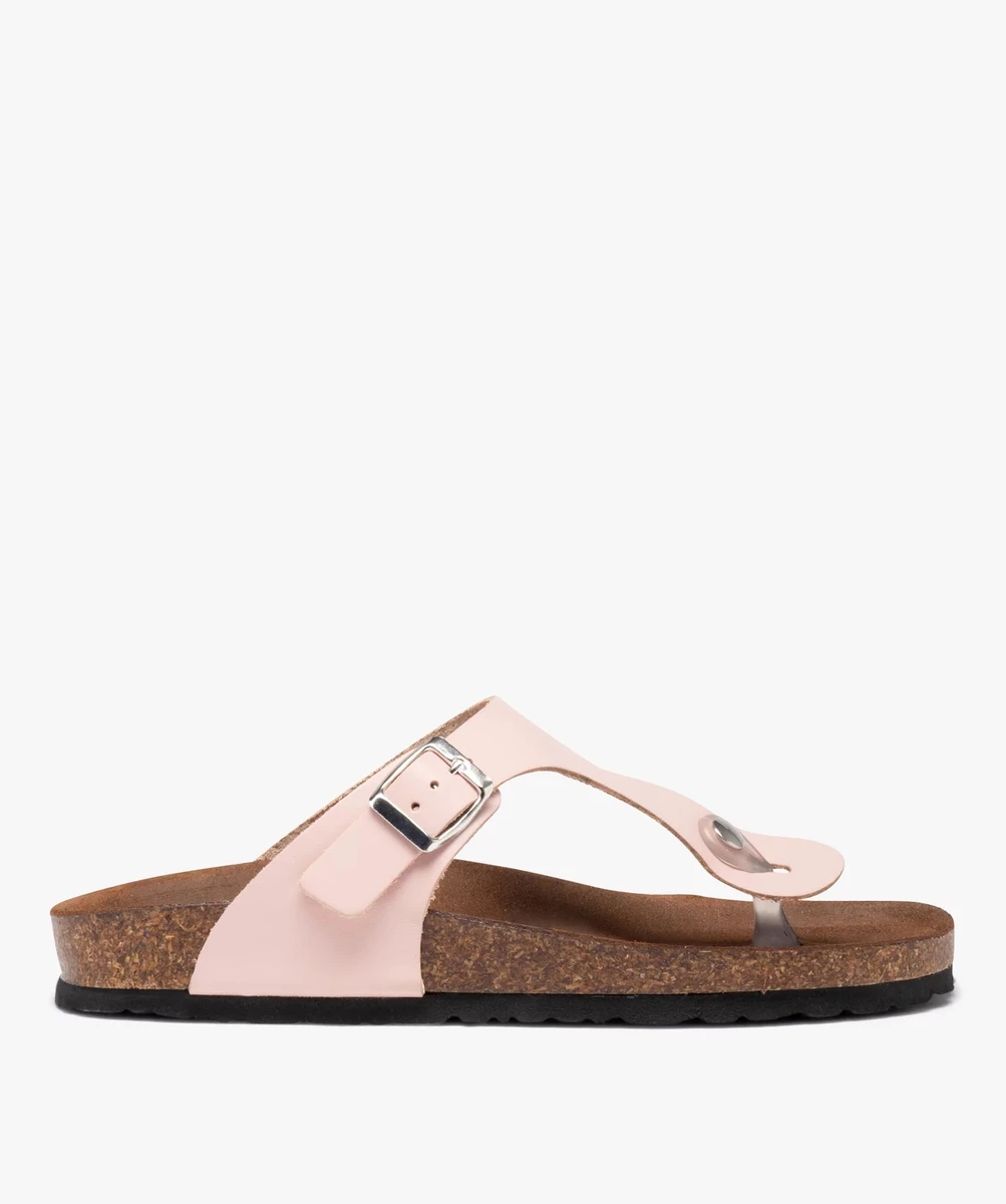 Mules femme à talon plat et bride entre-doigts en cuir