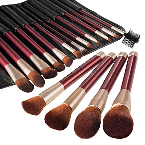 Pinceaux Maquillages Professionnels Kit de 16pcs, Poils Synthetiques Doux et Sans Cruauté, Pochette Elegante Cuir PU Incluse.