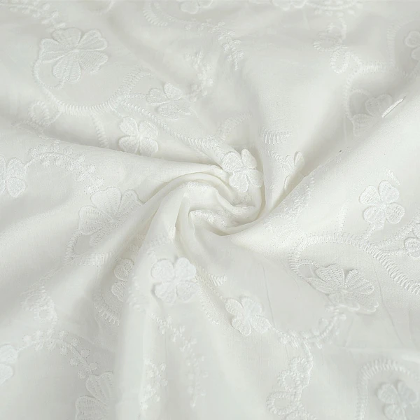 Tissu coton brodé blanc cassé à motif floral brodé et 3D | Pour couture d'habits de poids léger