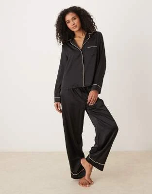 ASOS DESIGN - Ensemble de pyjama avec chemise et pantalon en satin - Noir