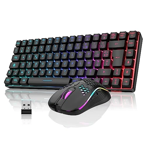 RedThunder K84 Combo Clavier et Souris USB sans Fil Gamer, AZERTY Français, Batterie Rechargeable RVB Rétroéclairée, Clavier TKL à 75% et Souris Optique Légère en Nid d'abeille 3200 DPI (Noir)