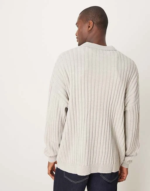 ASOS DESIGN - Gilet oversize en maille côtelée avec col - Grège chiné