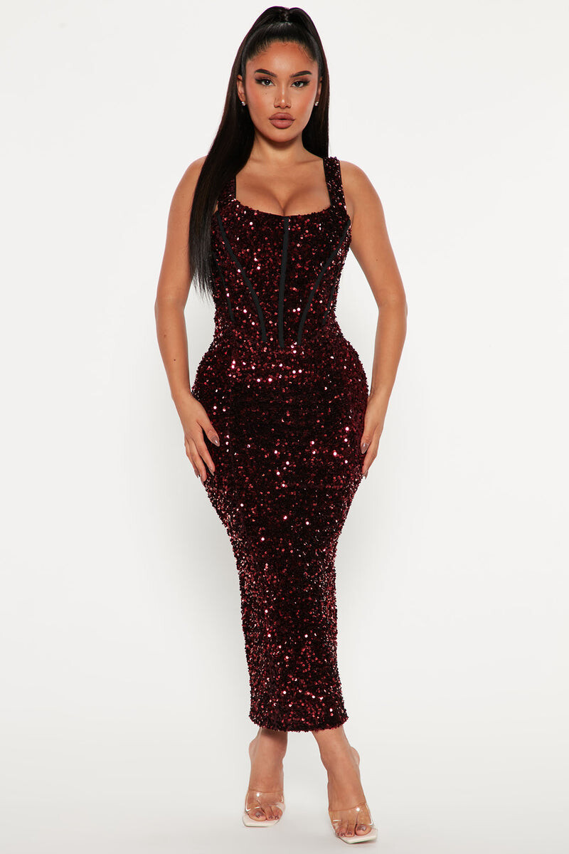 Jocelyn Sequin Midi Dress - Burgundy