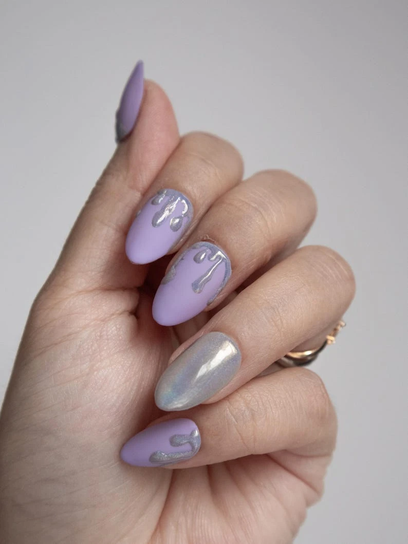 Boutons pression larmes de licorne, faux ongles faits main de qualité supérieure, forme longue en amande, violet pastel, décoration d'ongles