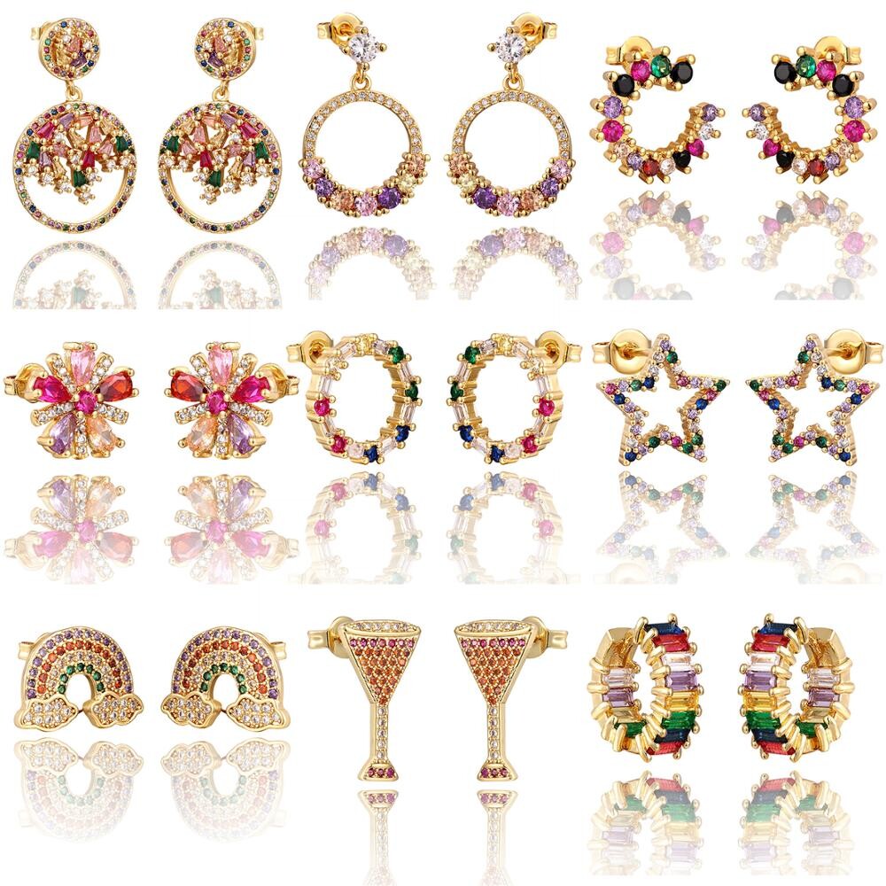 Boucles d'oreilles étoile distante arc-en-ciel en zircon, bijoux pour femmes en or cz, boucles d'oreilles amour sourire fleur, bijoux cadeau de noël