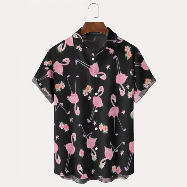 Pink Flamingo Print Black Hawaiian Short Sleeve Shirt - Tropi Hawaiian Shirts