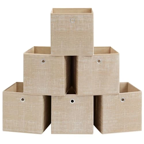 SONGMICS Boîtes de Rangement, Lot de 6, Coffres de Rangement en Tissu Non-Tissé avec Poignée, 30 x 30 x 30 cm, Cubes, pour Étagère, Pliables, Rangement de Vêtements, Beige Sable RFB006K03