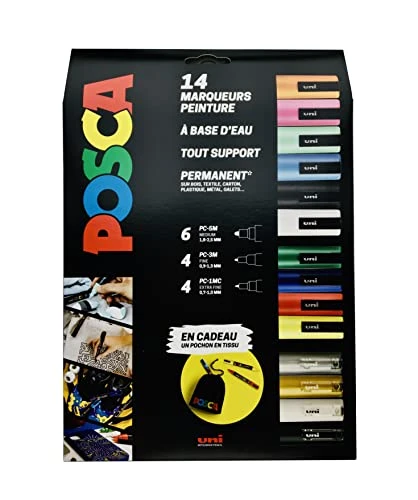 POSCA - Uni Mitsubishi Pencil - Maxi Pack Multi-Pointes - 14 Marqueurs Peinture à Base d'Eau - Tout Support - Couleurs et Pointes Assorties - Pochon Offert