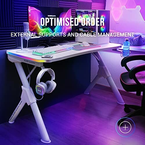 Mars Gaming MGDRGBW, Bureau Gamer RGB, Support Casque+Boissons, 110x60cm, Blanc
