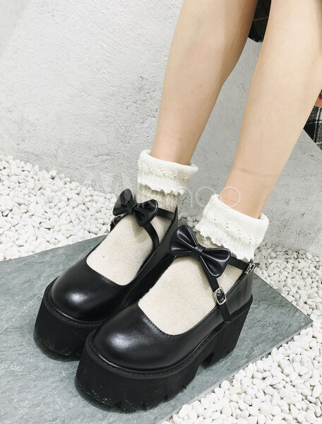  Plateforme Lolita pour chaussures classique avec lanières en PU et chaussures noires Lolita