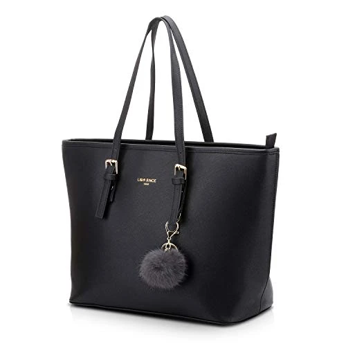 LI&amp;HI Sac à Main Dames Sac à Main Shopper Noir élégant Sac à Main Noir Grandes Marques de Sacs à Main Lapin Boule de Fourrure en Peluche Porte-clés (Version Améliorée) - 34/29/15,5 CM (noir)