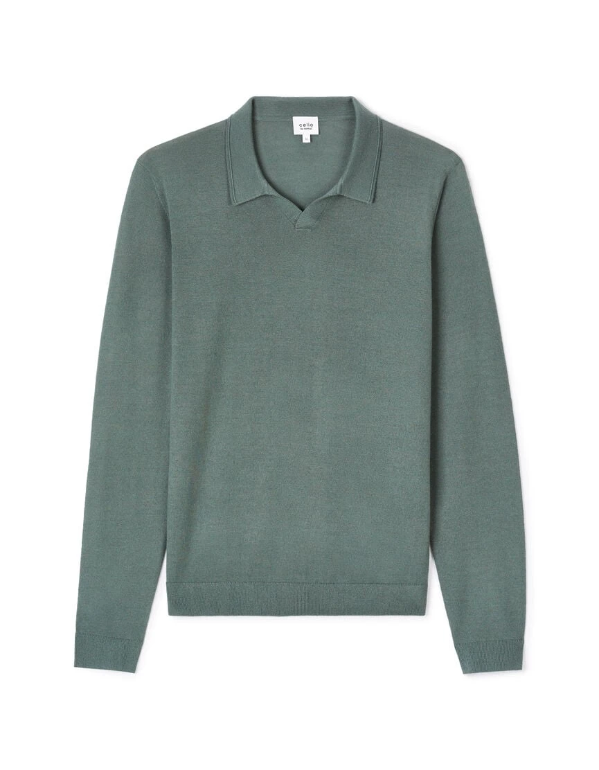 Polo slim laine mélangée manches longues - vert