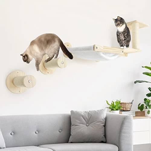 SONGWAY Étagère d'escalade Murale pour Chat - Meuble Mural pour Chat avec 2 Marches d'escalade pour Chat, Hamac pour Chat, Griffoir Mural pour Chat, Mur de Perchoir pour Chat en Bois, Lot de 4