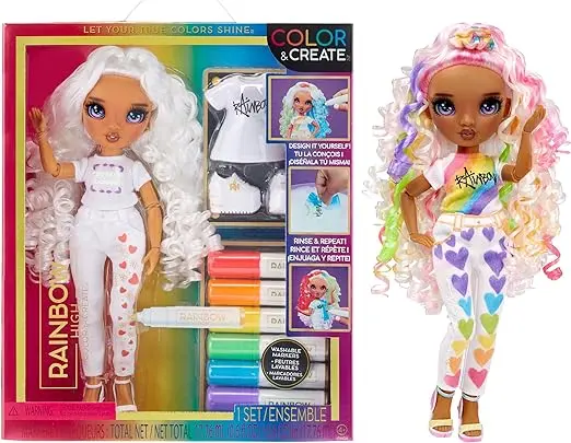 RAINBOW HIGH Colour & Create Fashion Doll DIY - Yeux Violets, Cheveux Bouclés - Marqueurs Arc-en-Ciel - Coloriez, Jouez, Rincez, Recommencez - pour collectionneurs et Enfants de 4 à 12