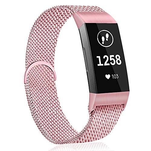 AK Bracelet Compatible pour Fitbit Charge 3 en Acier, Remplacement Bracelet de métal de Sport Bande Accessoires pour Fitbit Charge 3 Femmes Hommes (02 Rosepink, S)