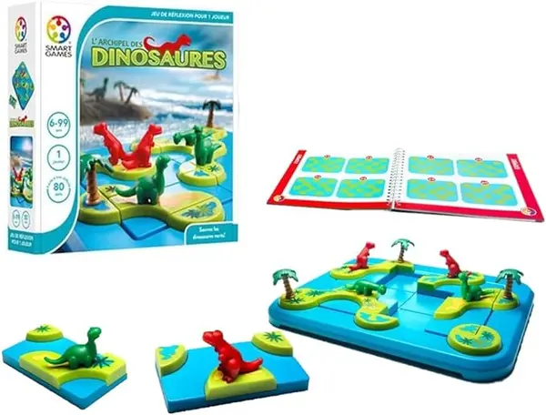 SmartGames - L'Archipel des Dinosaures - Jeu de Réflexion - Reconstituez les îles et sauvez les dinosaures verts - 80 Défis de Différents Niveaux - 1 Joueur - A partir de 6 Ans
