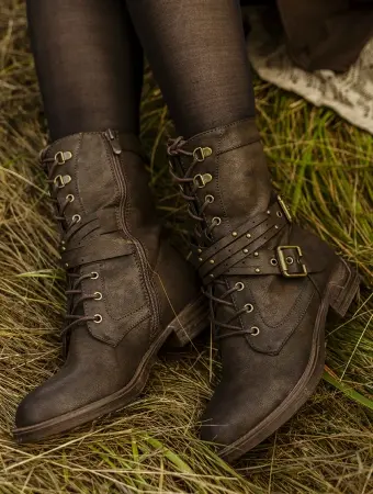 Bottines à lacets, lanière boucles et clous en laiton décoratifs, marron, Menaka