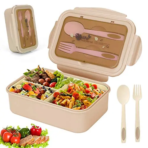 Sinwind Lunch Box, Bento Box, Boite Bento, Boîte Bento1400 ML avec 3 Compartiments et Couverts (Beige)