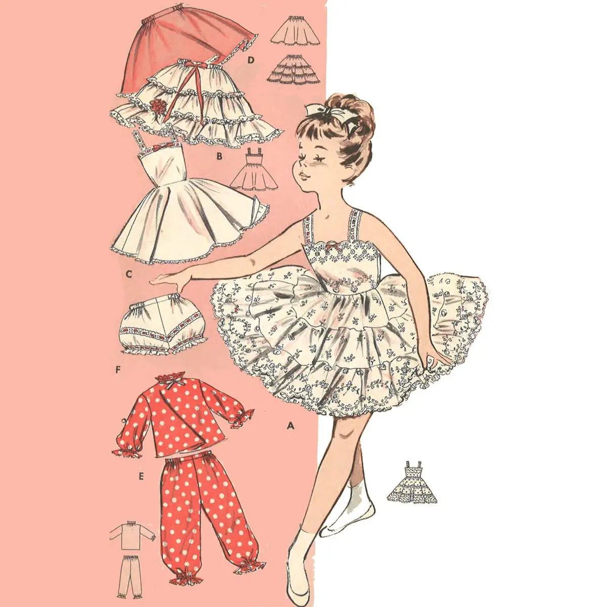 Patron de couture des années 1950 : Lingerie pour fille, jupon à froufrous, slip et pyjama - Buste 23" (58 cm)